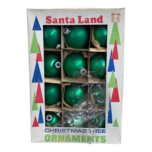 Vintage Emerald Green Christmas Tree Ornaments Set 12 Shiny Brite Glass Baubles - Picture 1 of 11